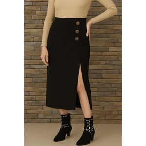 Zwarte midi rok met sierknopen en split- rol met elastische taille