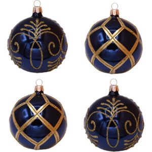 Hippe, Blauwe, Kerstballen met Gouden Ruitennet en Chique Gouden Glitter Design - Doosje van vier kerstballen van 8 cm