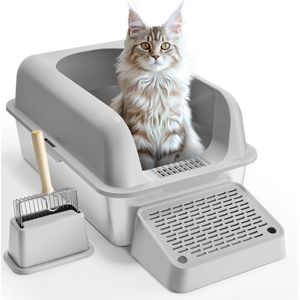 XL Kattenbak Van Roestvrij Staal – 15 cm Diep, Geurvrij, met Filtervoet, Schep En Hoge Zijwanden, Gemakkelijk Schoon Te Maken, Ideaal voor Grote Katten, Inhoud 30 L