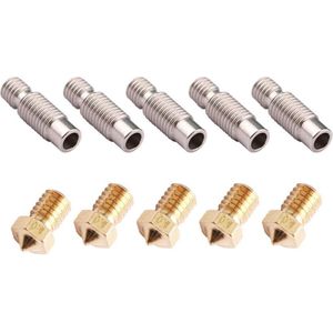 10 stuks 3D-printeraccessoireset - 5 messing spuitmonden + 5 roestvrijstalen mondhalsen met Teflon Tube voor 3D-printer V5 en V6 175 mm J-kop Hotend