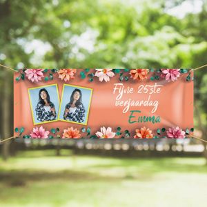 Spandoek maken met Foto en Eigen tekst - Bloemen - 200x75 cm - Verjaardag - Abraham - Sarah Feestje - Jubileum - met ringen - Banier - PVC - Banner - Verjaardag - indoor en outdoor – Versiering