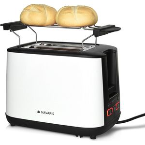 Navaris broodrooster met dubbel rek - Met broodjesopzetstuk en 2 extra grote toastsleuven - 6 Standen voor toast perfectie - 1000 W - Wit