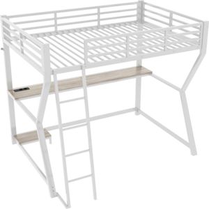 Gotagee Hoogslaper, 90 x 200 cm, met ledverlichting, computerconsoleplank, bureau, stopcontact + USB, leuning, trap, zonder matras, wit