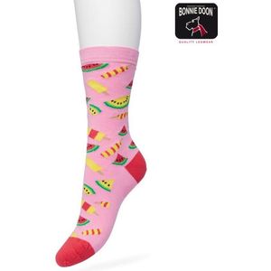 Bonnie Doon Dames Sokken met Watermeloen Print maat 36/42 Roze - Thema Sokken - Ijsjes - Zomer - Cadeau Sokken - Zacht Katoen met Gladde Teennaad - Comfortabel - Perfect Cadeau - Flamingo Pink - BT991130.228