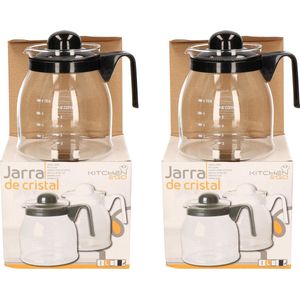 2x stuks theepotten met zwarte deksel en handvat 1 liter - Glazen thee/koffie potten - 1000 ml theepot