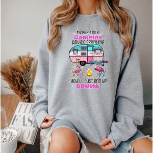 Grijze dames sweater Maat S- Camping sweater- Grijze sweater- Opdruk camping.
