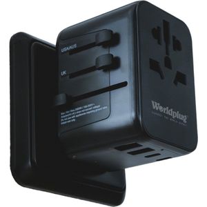 Worldplug Universele Reisstekker - Reisadapter voor 175+ landen - 2x USB-C & 2 USB-A - Snelladen - Amerika (USA) - Engeland (UK) - Australië - Azië - Zuid Amerika - Europa - Italië - Afrika - Wereldstekkers - Zwart