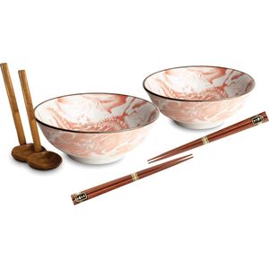 Luxe - Ramenbowlset - Draak Rood - 2 Persoons - Ramen bowl set - 6 Delig - Ø22 cm H9 cm - Ramen - Ramen bowl - Noodles - Noodles ramen - Noodle kom - Sushi stokjes - Houten Lepel - Chopsticks - Eetstokjes - Soeplepel - Kom - Schaal - Sushi servies