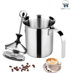 LifeStages - Melkopschuimer Handmatig - 400ml - Roestvrij Staal - Handmatige Dubbelmazige Melkopschuimer - 304 Roestvrij Staal Hand Melkopschuimer - Speciaal Drukmechanisme - Melkschuimer voor het Maken van Koffie en Cappuccino Schuimmelk