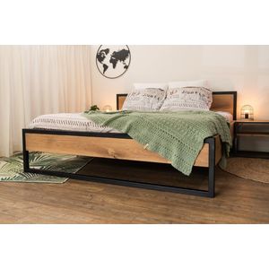 bed Iron/wood - metalen poten - 40mm massief eiken - inclusief hoofdbord en nachtkastje met open vak - 140 x 200