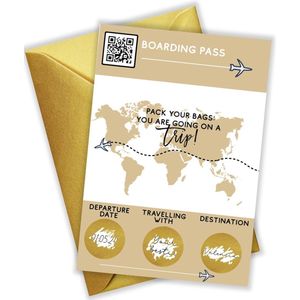 Kraskaart vakantie, Eigen tekst, Verassing trip vakantie weekend, Boarding Pass Vliegticket Kras kaart inclusief gouden envelop