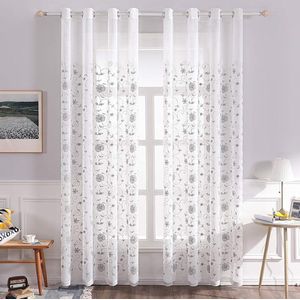 Unyqoos® Transparante voile gordijnen met bloemenborduursel en metalen ogen voor stijlvolle raamdecoratie