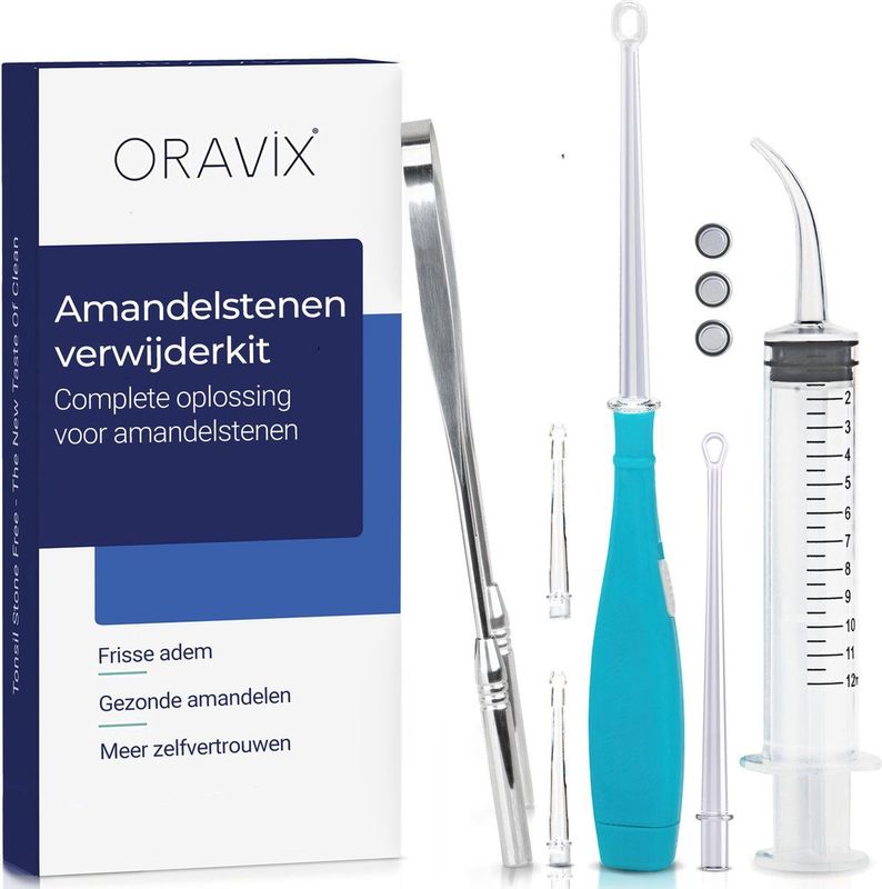 Oravix Amandelstenen Verwijder Kit - LED Tool Met 3 Mondstukken - Gebogen Spuit & RVS Tongschraper