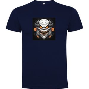 Donker Blauw T-Shirt met “ Kleurrijke Halloween Spooky Face “ Print Full Color Maat 3XL