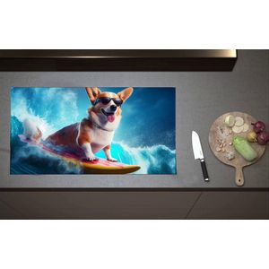 Inductieplaat Beschermer - Bruin met Witte Corgi Puppy Surfend over de Golven - 90x52 cm - 2 mm Dik - Inductie Beschermer van Vinyl