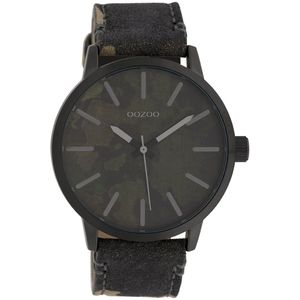 OOZOO Timepieces - Zwarte horloge met camouflage leren band - C10004