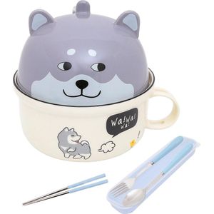 Puppy Ramen Bowl met deksel, schattige cartoon slakom, soepkom met handvat, 700 ml keramische instant noedel, grote spaghettikom met stokjes, lepel en vork voor kinderen cadeau