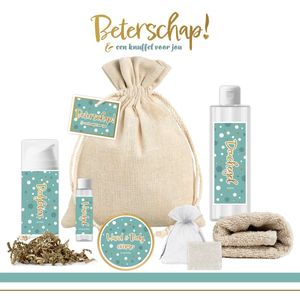 Geschenkset “Beterschap! en een knuffel voor jou” - 7 producten - 650 gram | Giftset voor haar - Opkikkertje - Beterschapswens Vrouw Meisje Vriendin - Welness Cadeaupakketje - Verwenpakketje na operatie- Beterschapscadeau Zorgwerk - Goud Turquoise