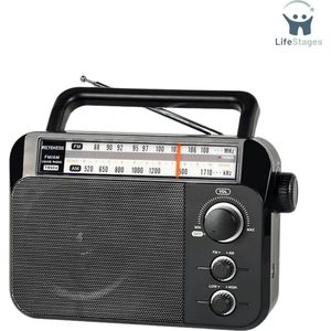 LifeStages - Radio op batterijen voor rampen - FM AM-radio - Draagbare Radio met Grote Luidsprekerondersteuning - Alkalinebatterij of AC-ingang Gemakkelijk te Tebruiken voor Ouderen - Zwart