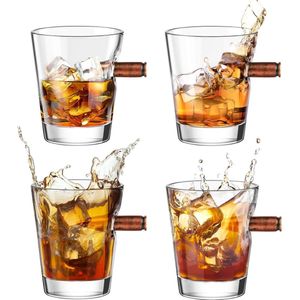 Set van 4 borrelglazen, shotglazen, whiskyglazen met real-class Cal.308, mondgeblazen shotglazen, kristallen whiskyglazen, cadeau voor tequila, wodka voor mannen, papa, vrienden, 6 cl