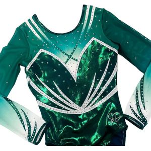 Sparkle&Dream Turnpakje Bibi Groen Wit Lange Mouw - Maat INT 110/116 - Gympakje voor Turnen, Acro, Trampoline en Gymnastiek