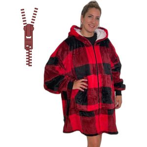 Q-Living Hoodie Deken - Extra Lang & Dik - Snuggie - Plaid Met Mouwen - Snuggle Hoodie - Fleece Deken Met Mouwen - 1450 gram - Rood/Zwart Met Rits