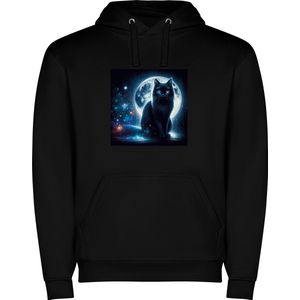 Zwarte unisex hoodie met “ Kleurrijke Mooie Zwarte poes zittend voor een volle maan – romtantisch “ Print Full Color merk Roly maat L