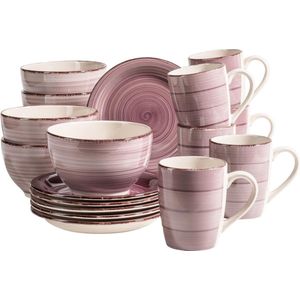 931950 Bel Tempo II ontbijtservies voor 6 personen in vintage look handbeschilderd keramiek 18-delige serviesset in paarse kleur bessen aardewerk