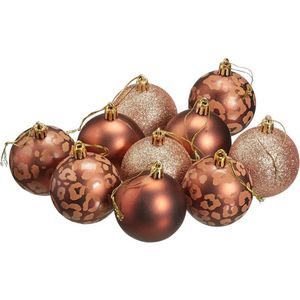 Luxe kerstballen - Bruin (rose) / Roze - Luipaard / Panter print - Set van 10 - Kerst