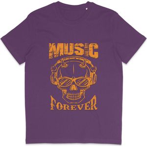 Heren Dames T Shirt - Skull Print - Quote Music Forever - Paars - XS