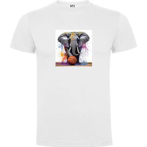 Wit T-Shirt met “ Kleurrijke Olifant met Basketbal “ Print Full Color Maat S