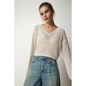 Happinessistanbul Zwarte Opengewerkte Crop-Gebreide Trui Met V-Hals Voor Dames Ci00094