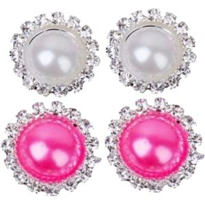 2 Paar Clip oorbellen-Roze-Wit-1.5 cm-akunststof-Strass-Geen gaatje-Charme Bijoux