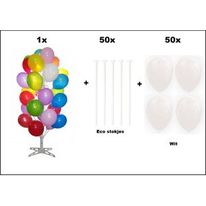 1x Ballonnen boom 180cm wit + 50x Ballonstokjes karton + 50x Ballonnen wit - Huwelijk Festival verjaardag thema feest party opening uitdeel