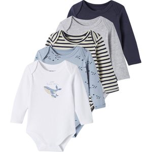 Vertbaudet - Set van 5 Rompertjes - Nachtblauw - Lange Mouwen - Biokatoen