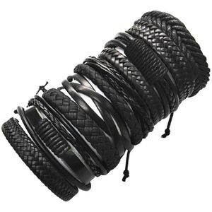 Fako Bijoux® - Leren Armband - Leder - Set Deluxe - 10 Stuks - Zwart