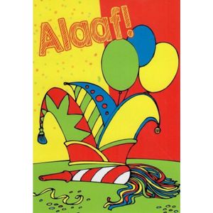 Alaaf! Een feestelijke kaart speciaal voor Carnaval. De steek met ballonnen en slingers zijn al helemaal in de kleurrijke stemming! Een fijne Carnaval gewenst! Een dubbele wenskaart inclusief envelop en in folie verpakt.