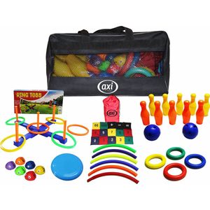 AXI Kids Activity Bag – Tas met spelletjes voor kinderen – Ringwerpen – Bowlen – Frisbee – Hoelahoep - Pittenzakjes - Camping spellen