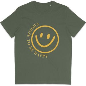 Grappig T Shirt Dames Heren - Choose to be Happy Smiley - Khaki Groen - XXL