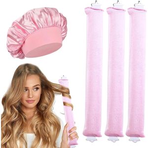 CSGoods - Set van 3 Heatless Krullen Rollers voor Haar - Haarpasta voor Zachte Haarkrullen 's Nachts - Inclusief Haakhaken en Satijnen Haarkap - Geschikt voor Lang en Kort Haar - Roze