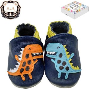 Somic Babyschoenen Jongens Leer - Baby Schoenen Meisjes Zachte Zool - Babyschoentjes Meisje Flexibele Zool - Antislip Eerste Loopschoentjes -Zachte Leren - maat M – 6-12 maanden - 12 cm - Blauwe Dinosaurus