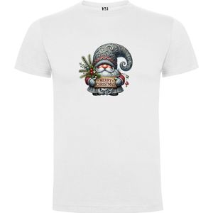 Wit T-Shirt met “Kleurrijke Leuke Gnoom – Kabouter Kerst / Vrolijk Kerstfeest op chique in Zilver Grijs tinten “ Print Full Color Maat S