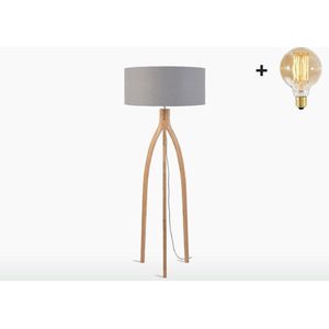 Vloerlamp – ANNAPURNA – Bamboe - Lichtgrijs Linnen - Met LED-lamp