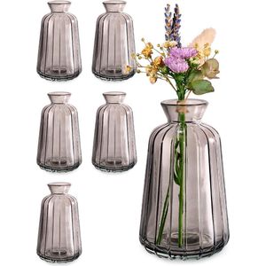 Small Glass Vases for Table Decoration - Set of 6 - Vintage Charm - Round Mini Vases - Dishwasher Safe - Perfect for Wedding Table Decoration - Grey