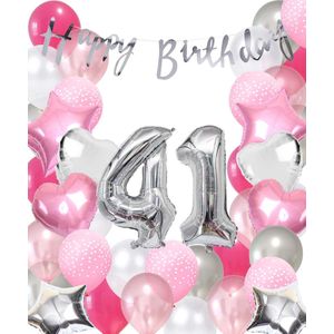 Snoes Ballonnen 41 Jaar Pink Blush Silver Mega Ballon - Compleet Feestpakket 41 Jaar - Verjaardag Versiering Slinger Happy Birthday – Folieballon – Latex Ballonnen - Helium Ballonnen - Zilver en Roze Verjaardag Decoratie