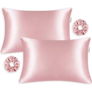 Sleepbits® Satijnen Kussensloop met Rits – 2 Stuks met Scrunchie – Roze - Anti Age Silk – Zijdezacht – Satijn Haarverzorging – Krullend Haar Producten – Huidverzorging – 60x70 cm
