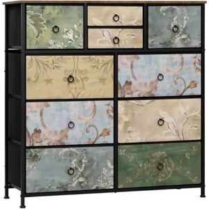 Ladekast met 8 Stoffen Lades - Metalen Frame & Houten Top - Bloemenmotief - Voor Slaapkamer, Woonkamer of Hal - Zijplank & Verstelbare Voetjes - Stabiel & Ruimtebesparend - 100x100x30 cm