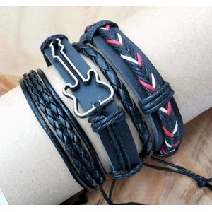 Stoere - 4-delige - Zwart - heren - armband set leer – gitaar - zelf in grootte instelbaar maat 18-22 cm