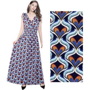 Dames maxi jurk met hartenprint S/M Donkerblauw/blauw/oranje/lichtblauw