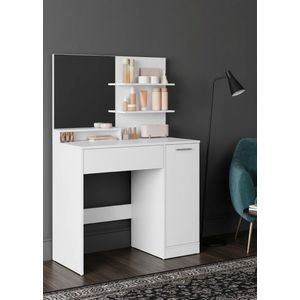 Ganeey Luxe Make-uptafel met Spiegel – Kaptafel met Opberglade en 2 Legplanken – Modern Witte Make-up Tafel – Houten Beautystation 80x40x132 cm